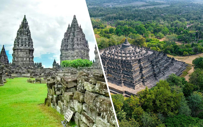 Prambanan and Borobudur temples in Yogyakarta, showcasing ancient architecture and lush surroundings.