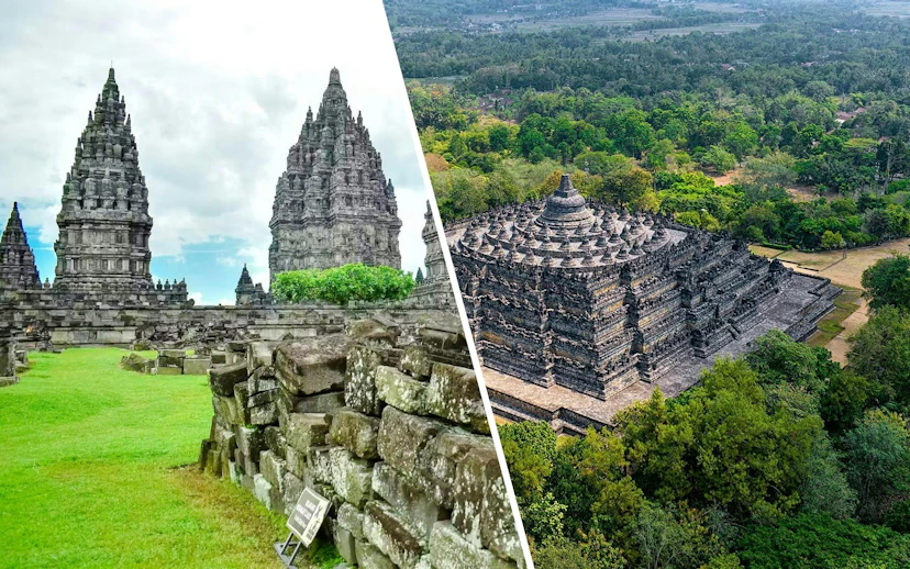 Prambanan and Borobudur temples in Yogyakarta, showcasing ancient architecture and lush surroundings.