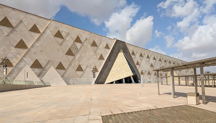 Grand Egyptian Museum facade in Cairo with modern architectural design.