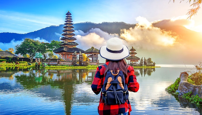Traveler viewing Ulun Danu Beratan Temple on Bali Private Bedugul, Tanah Lot Sunset Tour.