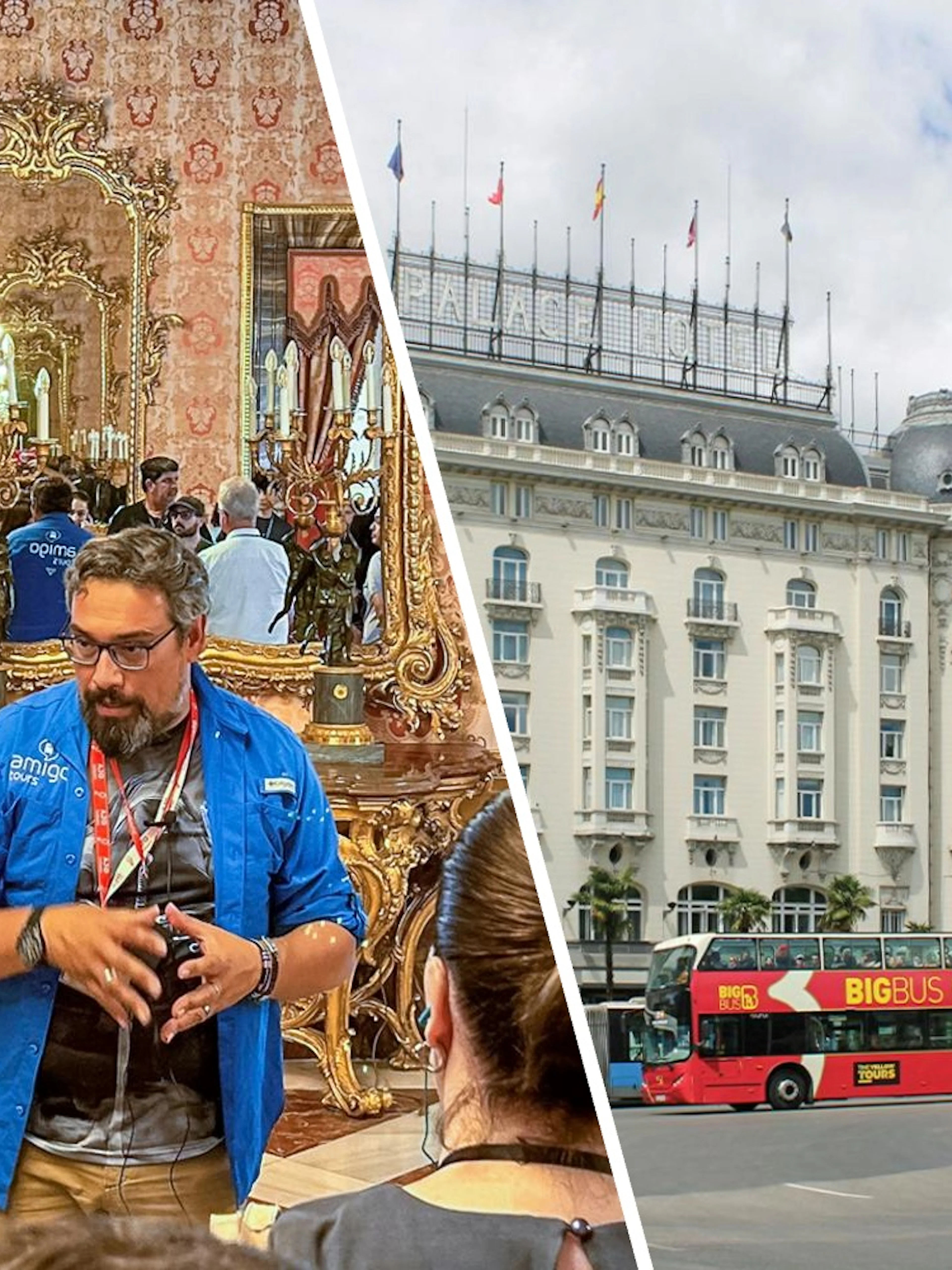 Guide explaining Royal Palace of Madrid interior to tourists; city tour bus outside.