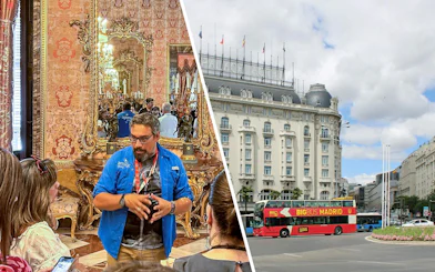 Guide explaining Royal Palace of Madrid interior to tourists; city tour bus outside.