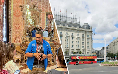 Guide explaining Royal Palace of Madrid interior to tourists; city tour bus outside.