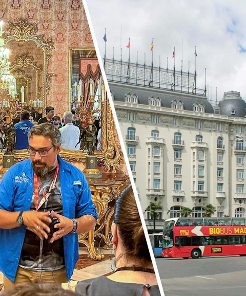 Guide explaining Royal Palace of Madrid interior to tourists; city tour bus outside.