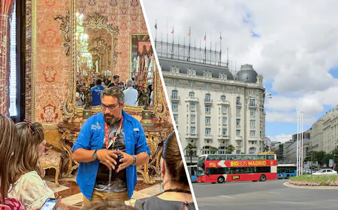 Guide explaining Royal Palace of Madrid interior to tourists; city tour bus outside.