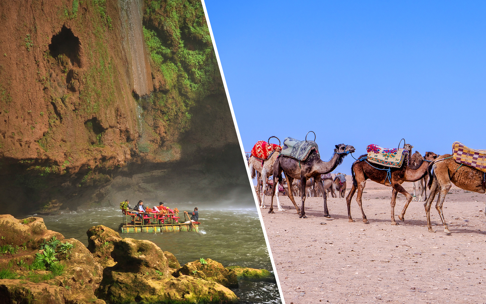 Boat tour under Ouzoud waterfall, Morocco with camels in desert.