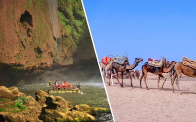 Boat tour under Ouzoud waterfall, Morocco with camels in desert.