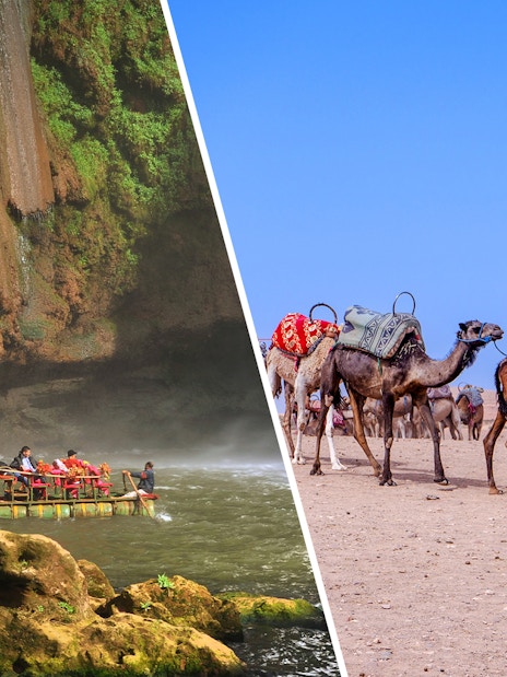 Boat tour under Ouzoud waterfall, Morocco with camels in desert.