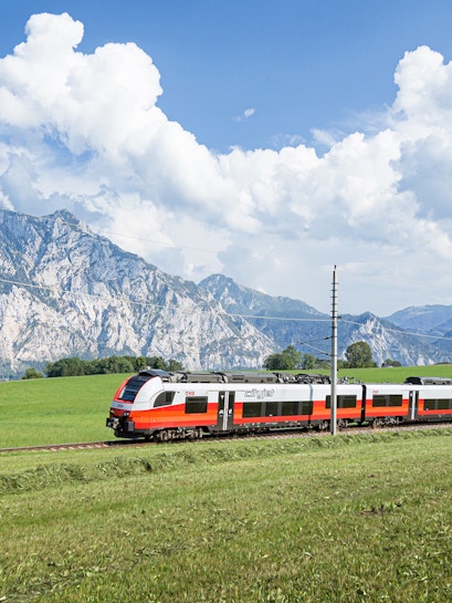 Train traveling through scenic European countryside with mountains in the background.