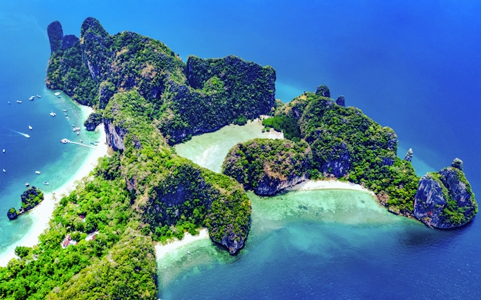 Aerial view of Ko Hong islands with lush greenery and turquoise waters, Thailand.