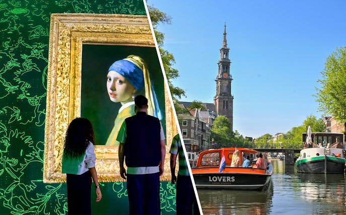 Visitors at Fabrique des Lumières exhibit and Amsterdam canal cruise with Westerkerk view.