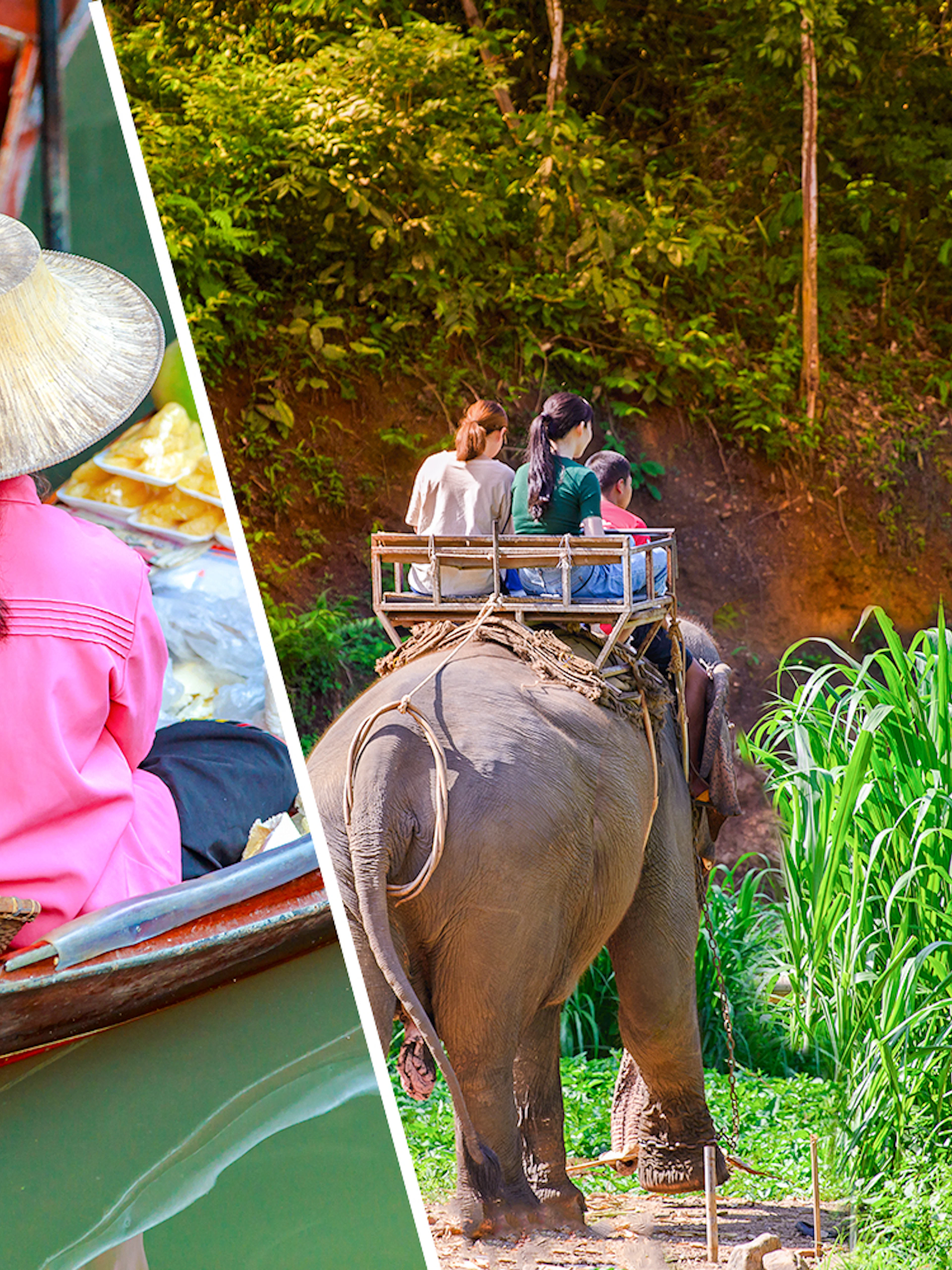 Floating market vendor with fruit in Damnoen Saduak and tourists riding an elephant in Bangkok.