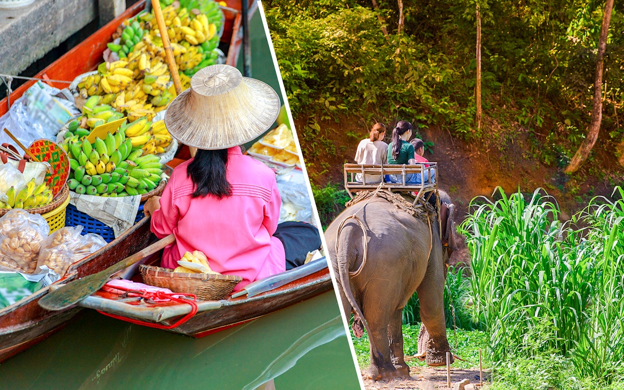 Floating market vendor with fruit in Damnoen Saduak and tourists riding an elephant in Bangkok.