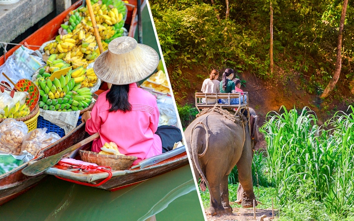 Floating market vendor with fruit in Damnoen Saduak and tourists riding an elephant in Bangkok.