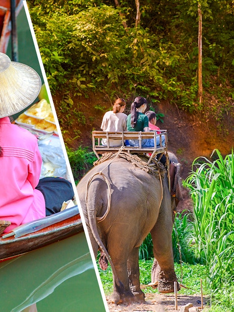 Floating market vendor with fruit in Damnoen Saduak and tourists riding an elephant in Bangkok.
