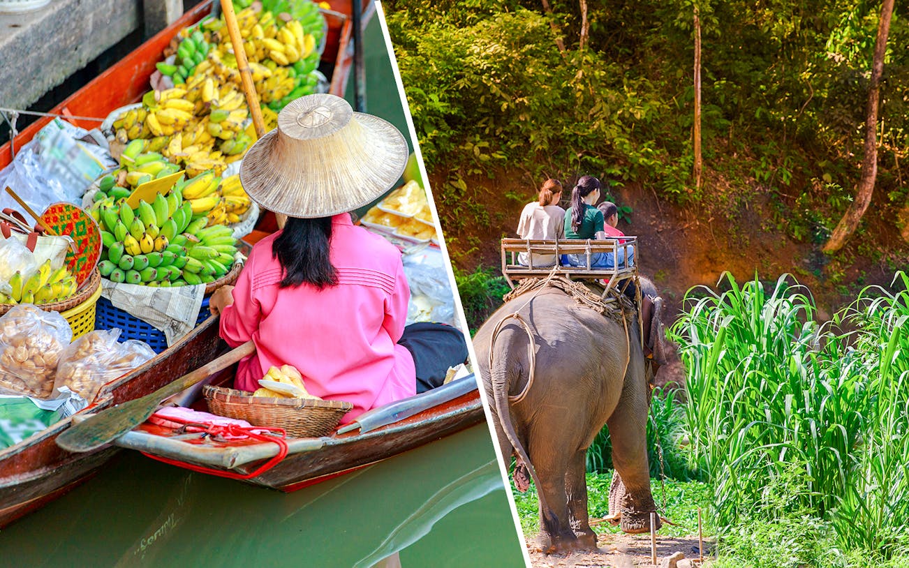 Floating market vendor with fruit in Damnoen Saduak and tourists riding an elephant in Bangkok.