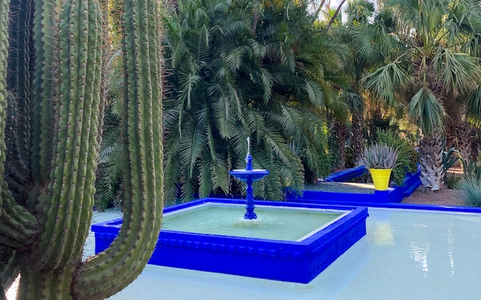 Fountain surrounded by cacti and palm trees in Jardin Majorelle, Marrakech.