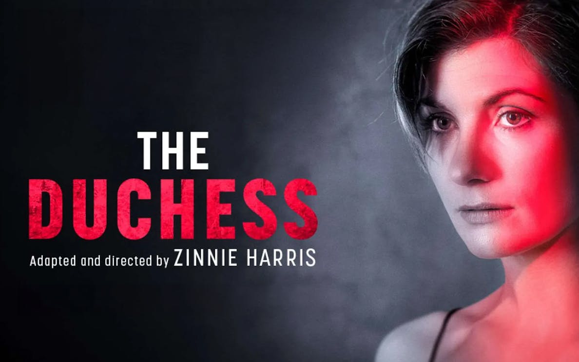 The Duchess" play poster with a woman's face and red lighting.