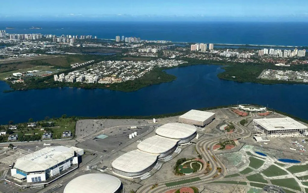 Aerial view of Barra Olympic Park and surrounding landscape during Rio de Janeiro helicopter tour.
