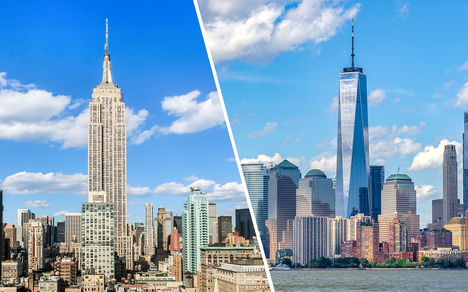 Empire State Building and One World Trade Center under a clear blue sky in Manhattan, NYC.