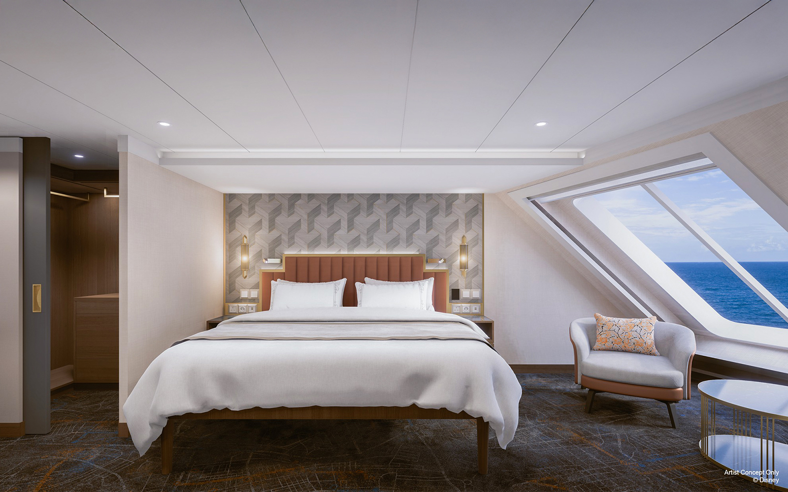 Concierge Oceanview Suite with bed and ocean view on Disney Adventure Cruise.