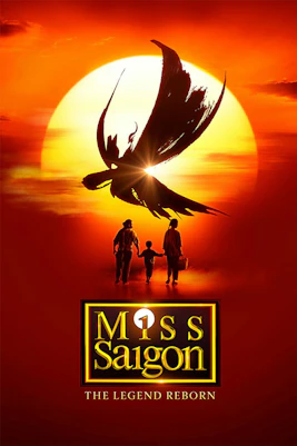 Miss Saigon poster with helicopter silhouette against sunset, Westend production.