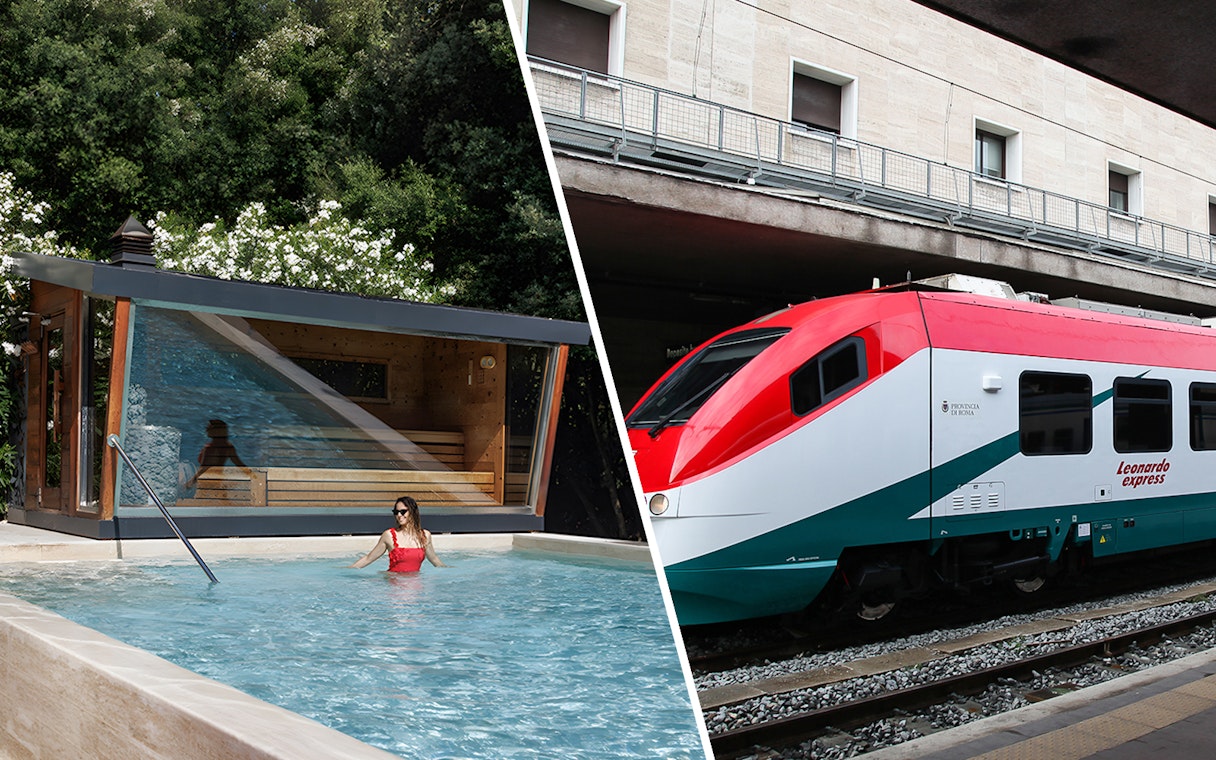 QC Terme Roma spa pool and Leonardo Express train at station.