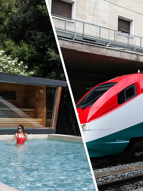 QC Terme Roma spa pool and Leonardo Express train at station.