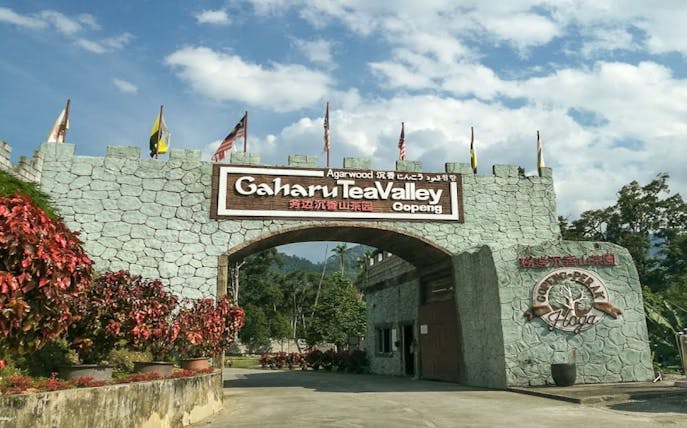 Entrance to Gaharu Tea Valley in Gopeng, Perak with stone arch and flags.