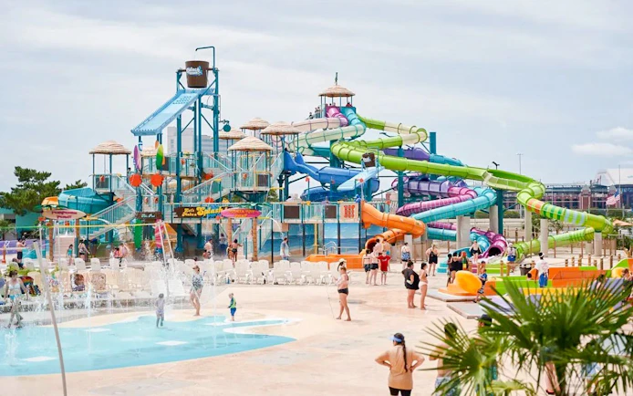 Water slides and splash area at Splash Island, Hurricane Harbour Arlington.