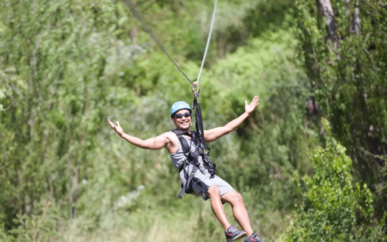 Ziplining through forest with modern braking system and expert guide.