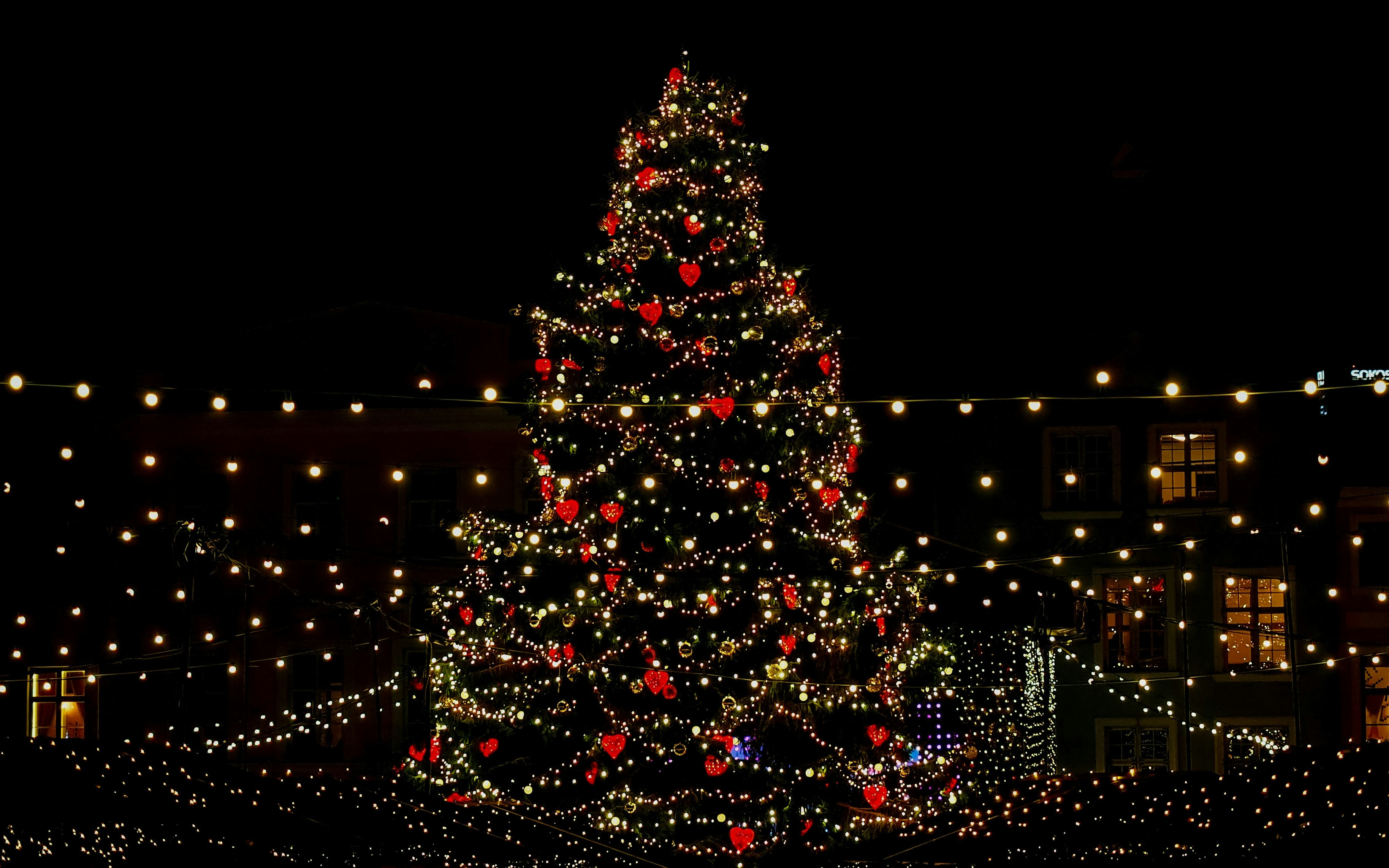 Christmas market with illuminated tree and festive lights at night.