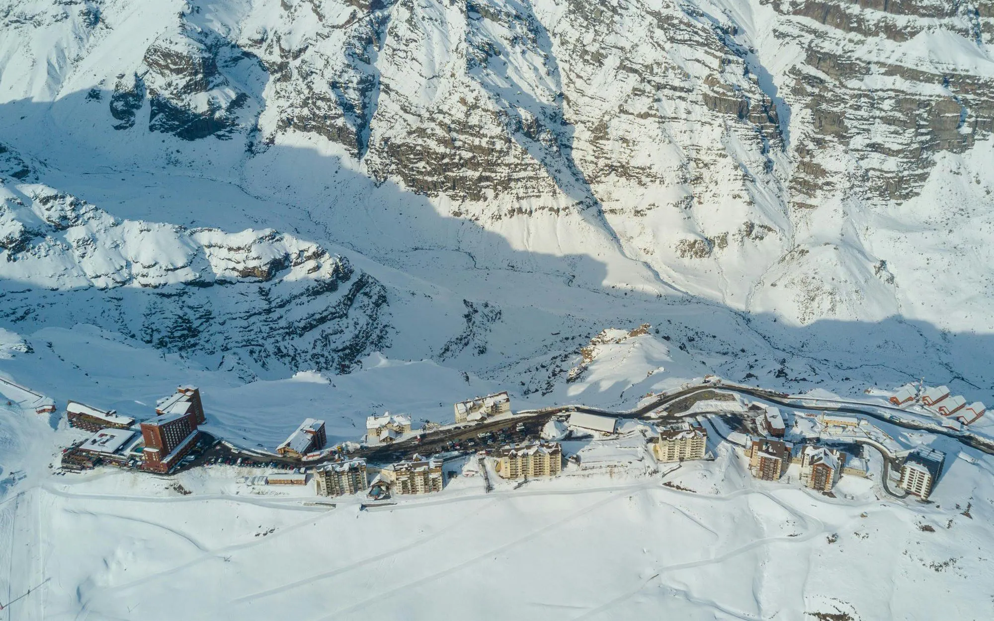 Valle Nevado ski resort nestled in the snowy Andes Mountains, Chile.