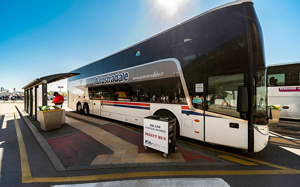 Bus at Bergamo Airport for round-trip to Milan Centrale.
