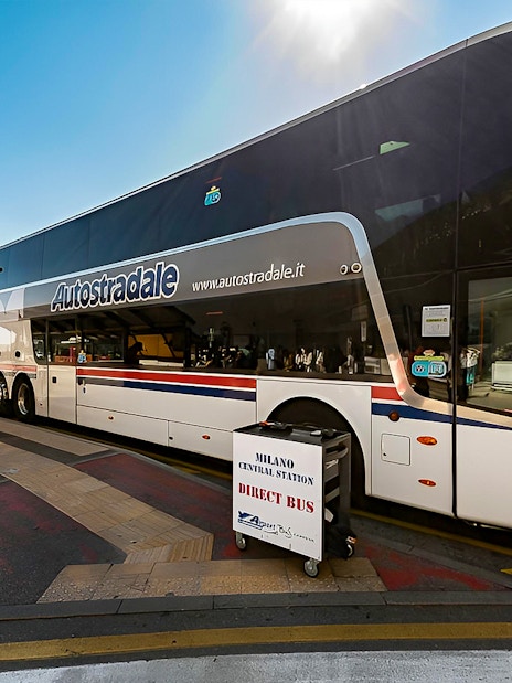 Bus at Bergamo Airport for round-trip to Milan Centrale.