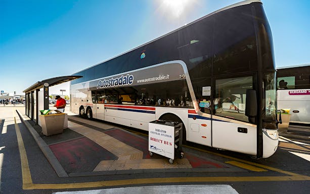 Bus at Bergamo Airport for round-trip to Milan Centrale.