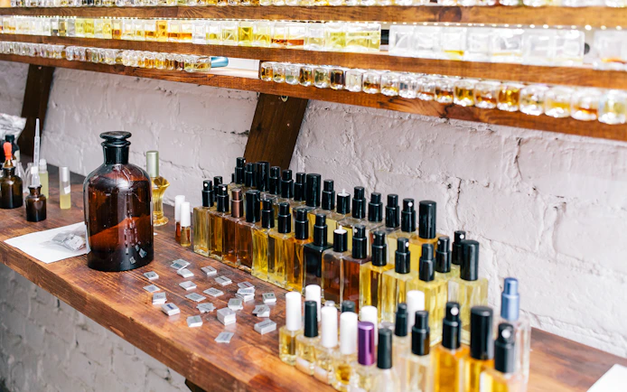 Perfume bottles on display at a fragrance shop in Eze, France.