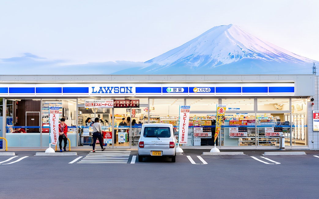 Lawson store with Mt Fuji backdrop, offering ice cream and hot drinks.