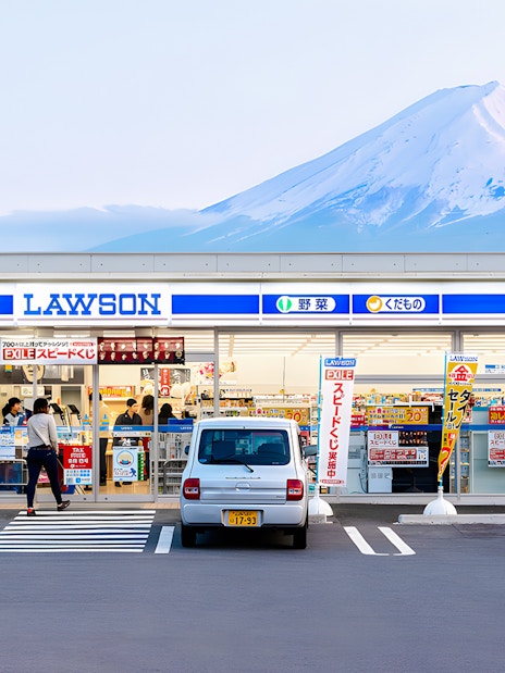 Lawson store with Mt Fuji backdrop, offering ice cream and hot drinks.