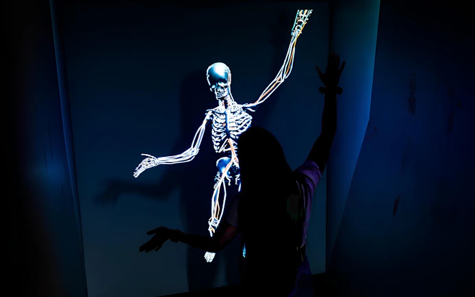 Person interacting with a digital skeleton display at DeJa Vu Museum Berlin.