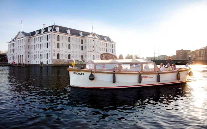 Open boat cruise near the Maritime Museum in Amsterdam.