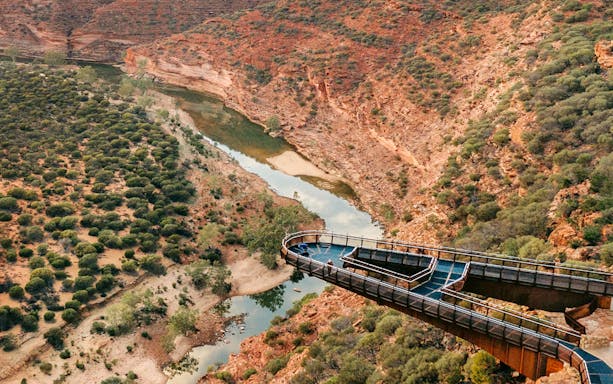 Kalbarri Skywalk overlooking Murchison River gorge on Outback Coast Tour.