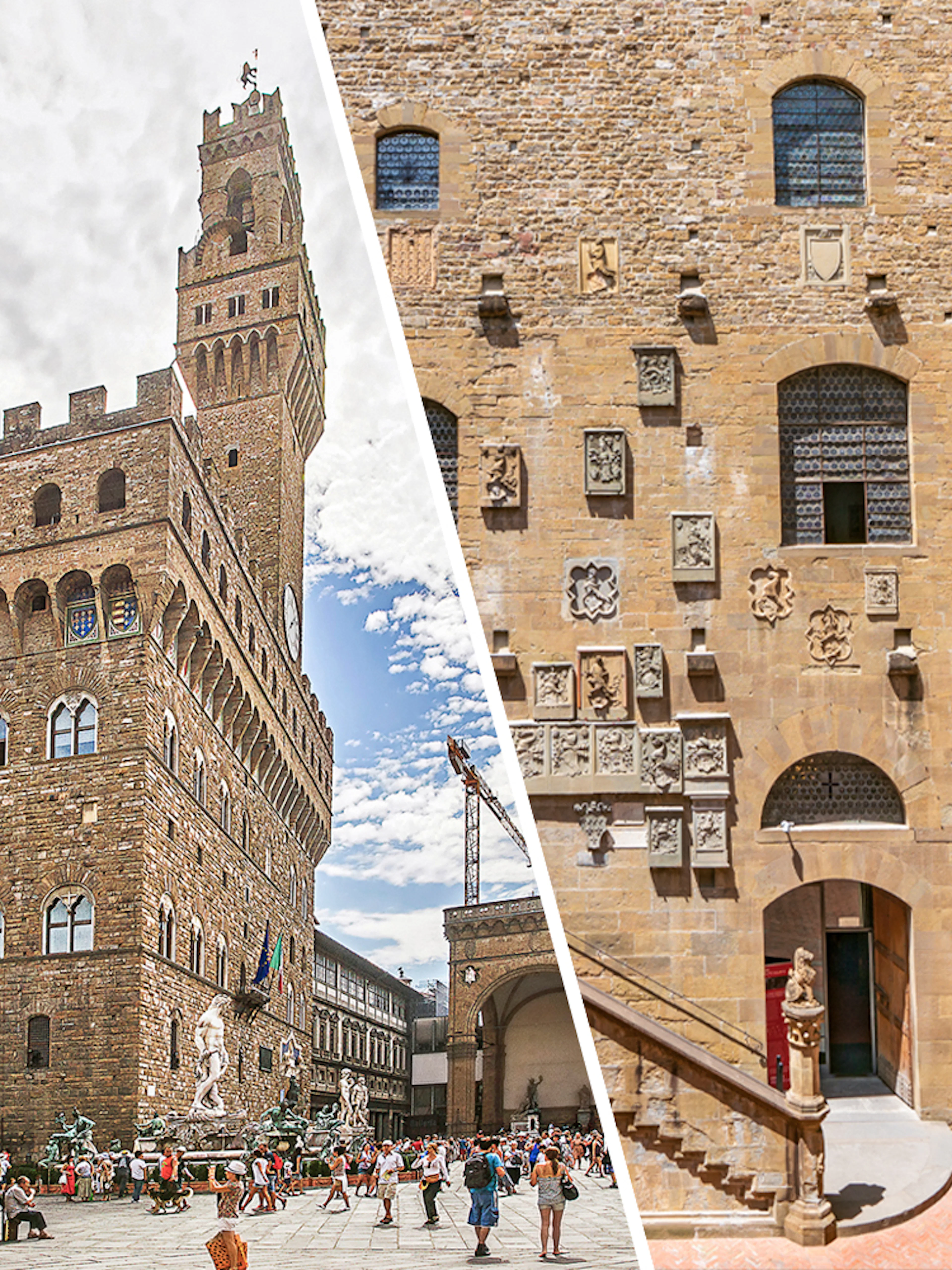 Palazzo Vecchio exterior and Museo del Bargello courtyard in Florence, Italy.