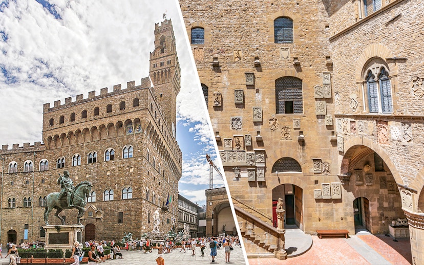Palazzo Vecchio exterior and Museo del Bargello courtyard in Florence, Italy.