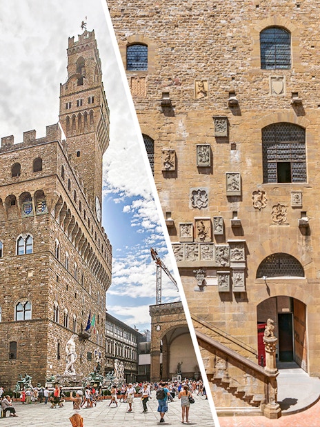 Palazzo Vecchio exterior and Museo del Bargello courtyard in Florence, Italy.