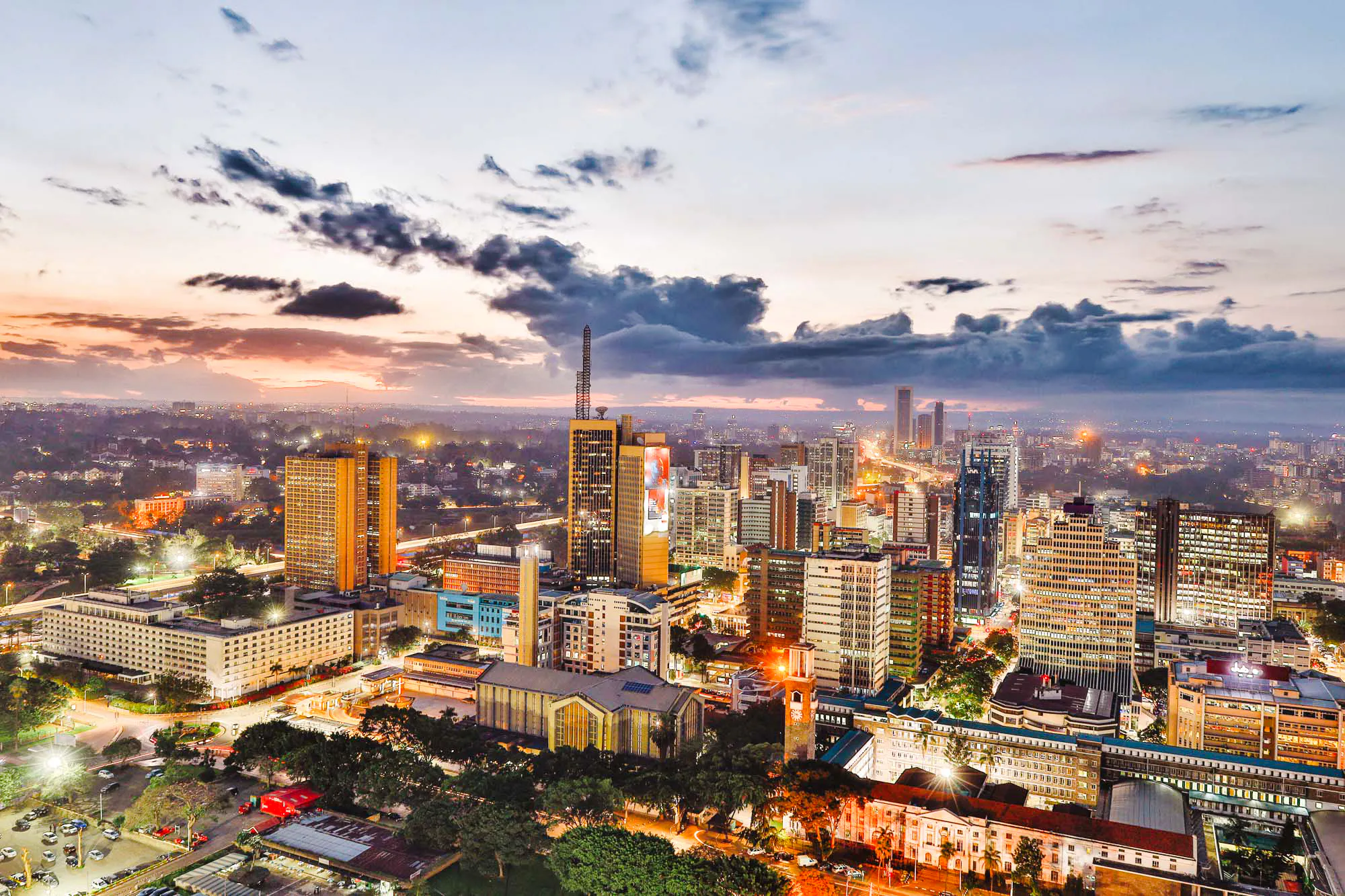 Nairobi cityscape at dusk, showcasing urban skyline near Bomas of Kenya Cultural Experience.