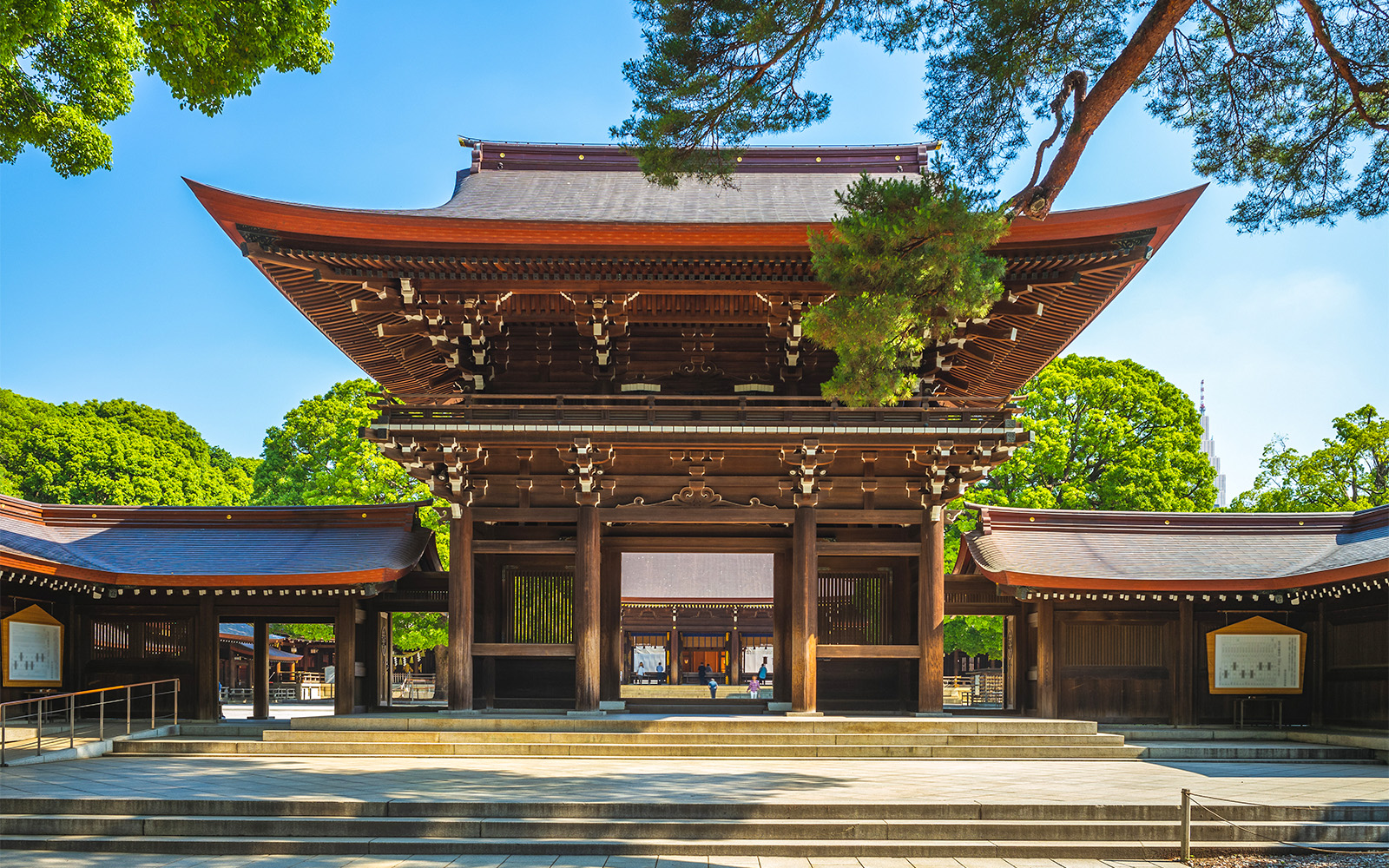 Meiji Jingu Shrine entrance with traditional wooden architecture, Tokyo.