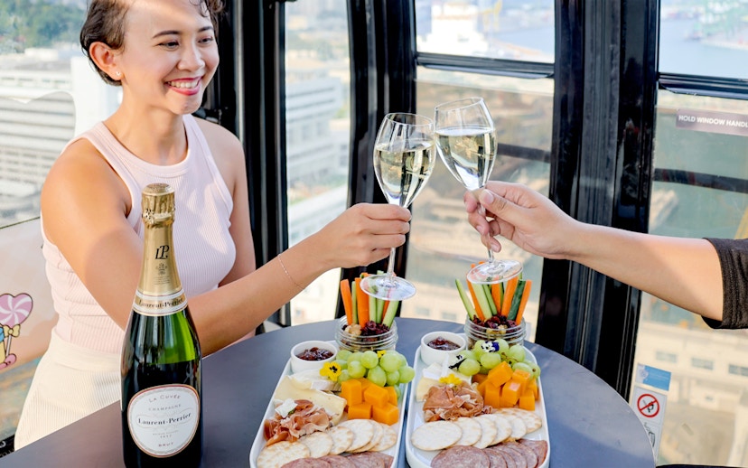 Singapore cable car dining with champagne and gourmet platter.