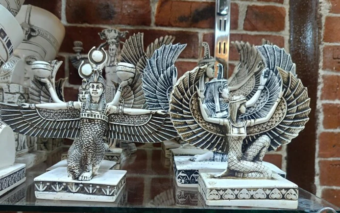 Ancient Egyptian figurines on display during a shopping trip in Hurghada.