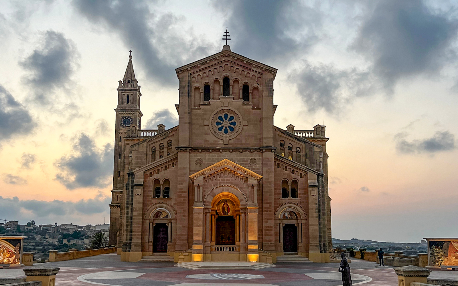 Ta’Pinu Basilica in Gozo, Malta with surrounding landscape.